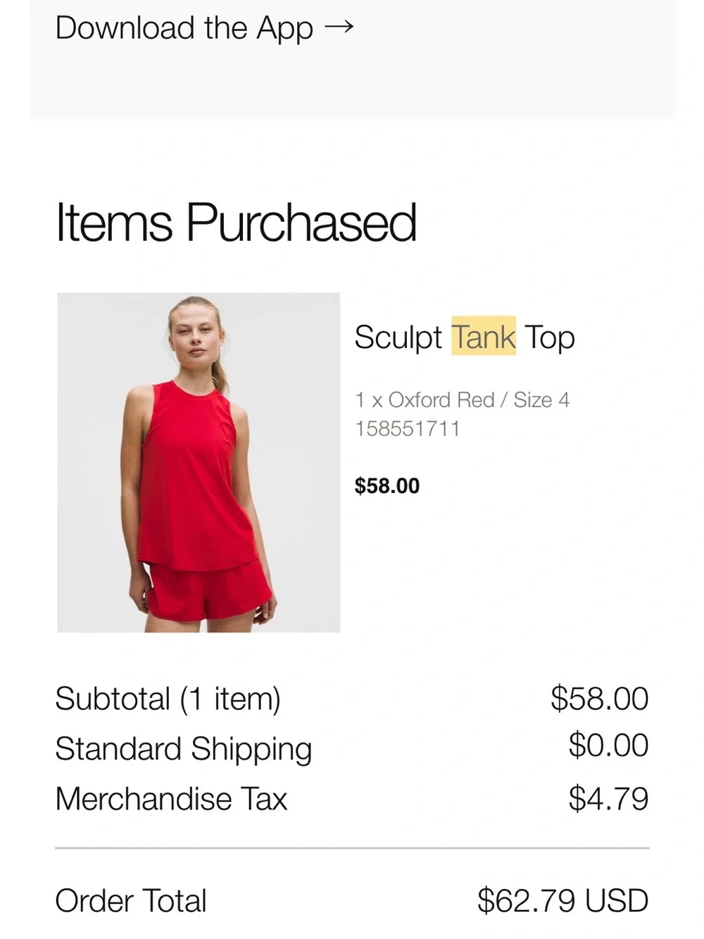Lululemon Oxford Red Sculpt Tank Top Size 4 Like New